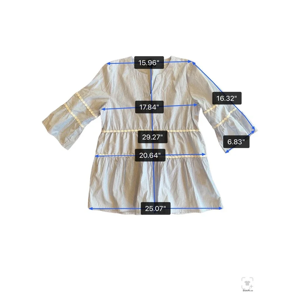 Bua Bua Blue White Pinstripe Tiered Babydoll Tunic Top Crochet Lace Trim Large